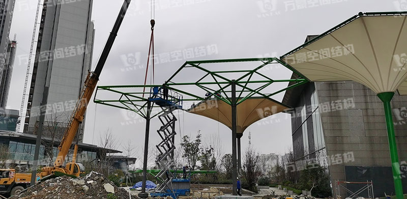 Steel structure construction of umbrella shaped PTFE membrane structure project in Wuxiang subway station