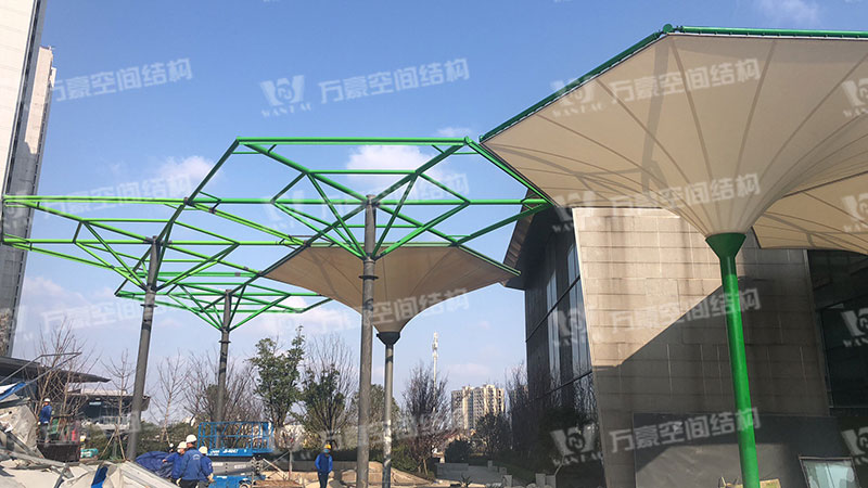 Steel structure construction of umbrella shaped PTFE membrane structure project in Wuxiang subway station