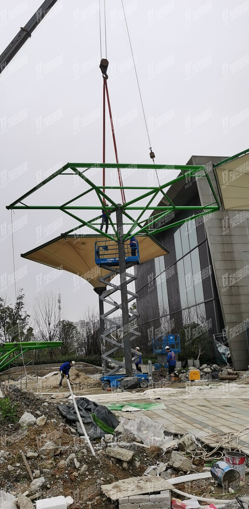 Steel structure construction of umbrella shaped PTFE membrane structure project in Wuxiang subway station