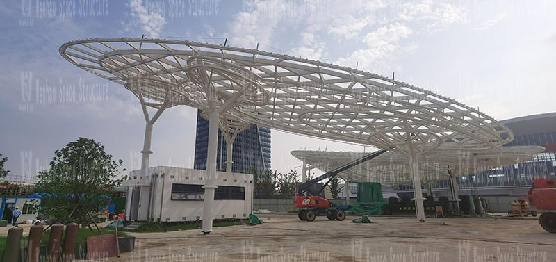 The steel structure of the butterfly-shaped sky curtain project in the passenger distribution area on the west side of the station front of Zhangjiagang Station on the Shanghai-Tong Railway Railway is nearing completion