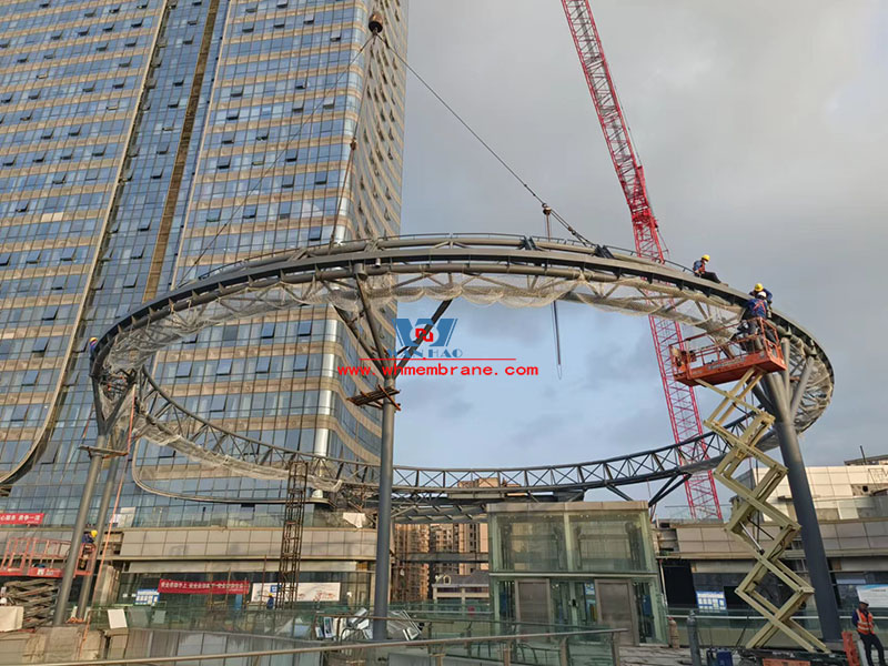 The steel membrane structure ETFE Canopy project of commercial (Wanda Plaza) renovation project of No.6 Mingyu Plaza is under hot construction