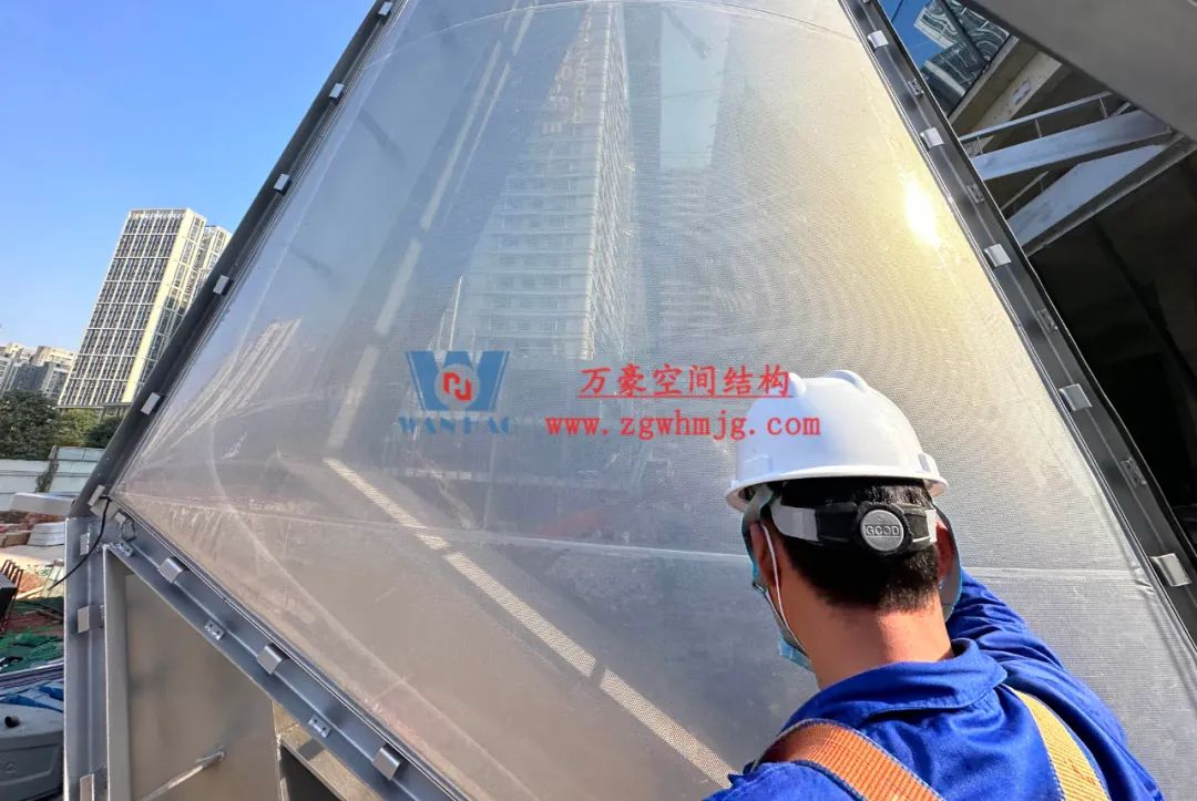 Newly design commercial ETFE air cushion and PTFE mesh facade membrane structure project