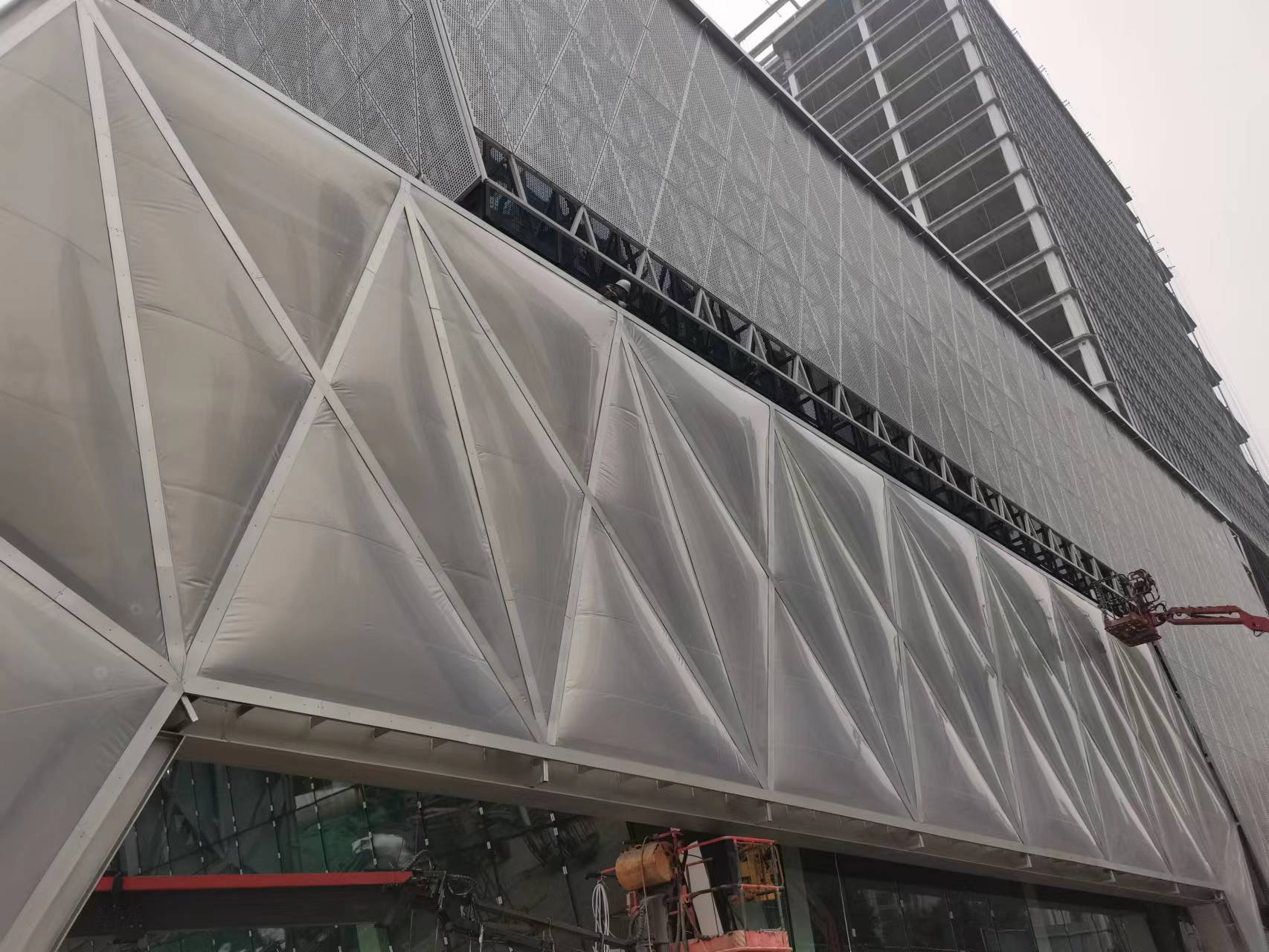 Newly design commercial ETFE air cushion and PTFE mesh facade membrane structure project