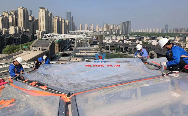 Hefei Wenyi Tangxijin Gate sky curtain steel structure and ETFE air pillow membrane project successfully completed