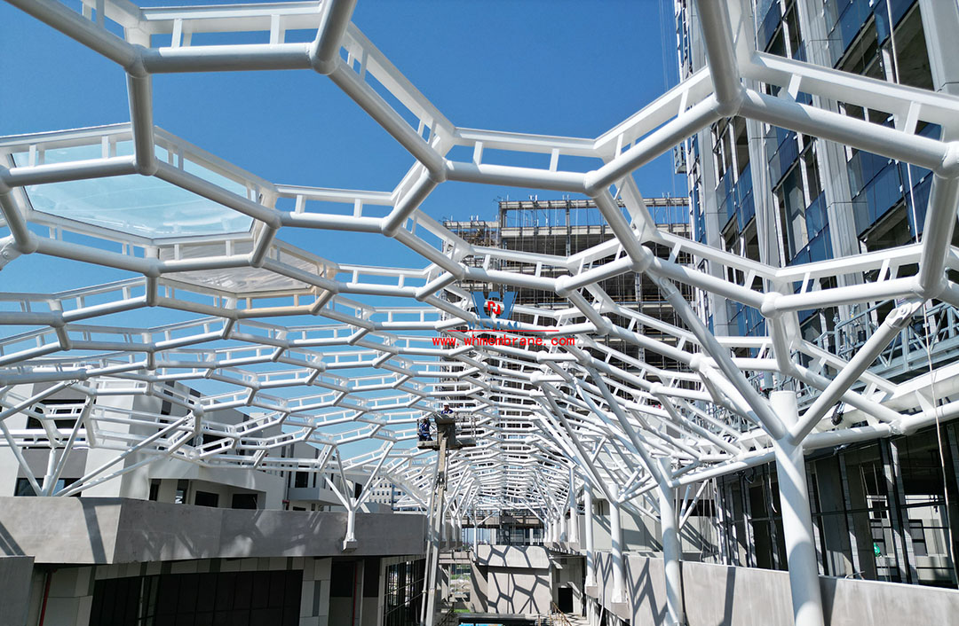 Finished, this ETFE air pillow commercial canopy is shining!