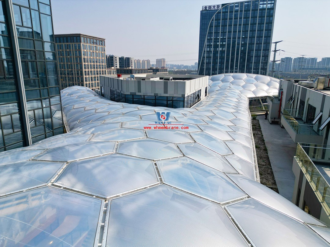 Finished, this ETFE air pillow commercial canopy is shining!