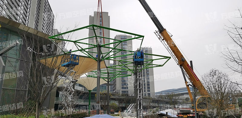 Steel structure construction of umbrella shaped PTFE membrane structure project in Wuxiang subway station