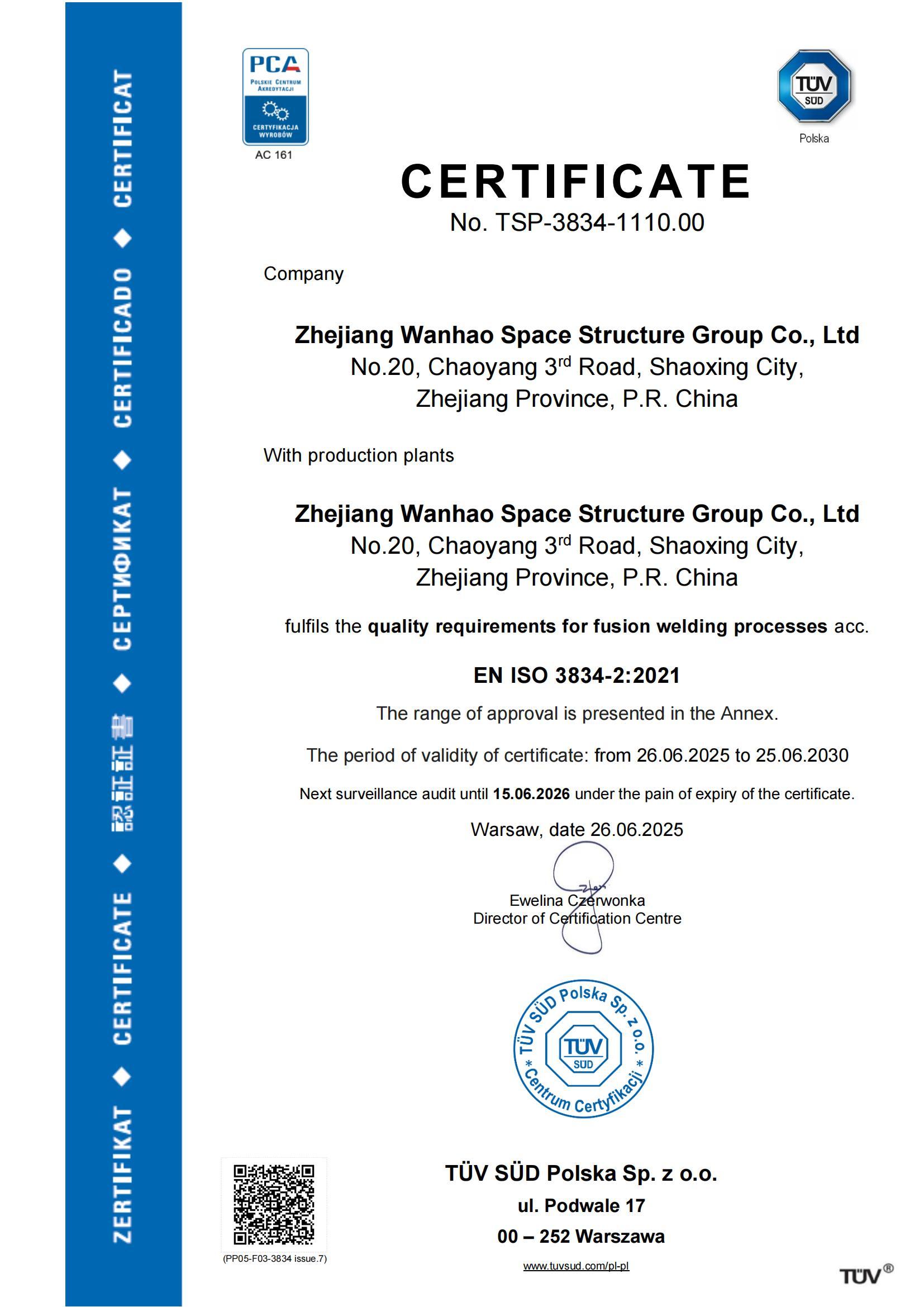 EU Certification Certificate - ISO3834-2