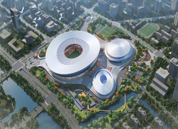 The first suspension of the membrane - structure gutter at Yuhang International Sports Center (professional football stadium) was successful.
