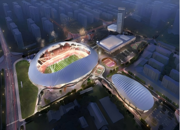 Penglai Stadium membrane structure canopy completed, adding new landmark to Fairyland Coast.